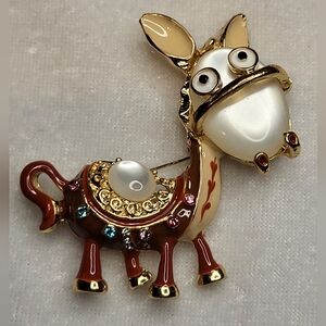 NEW Whimsical Gold and Brown Jewelled Donkey Brooch / Pin